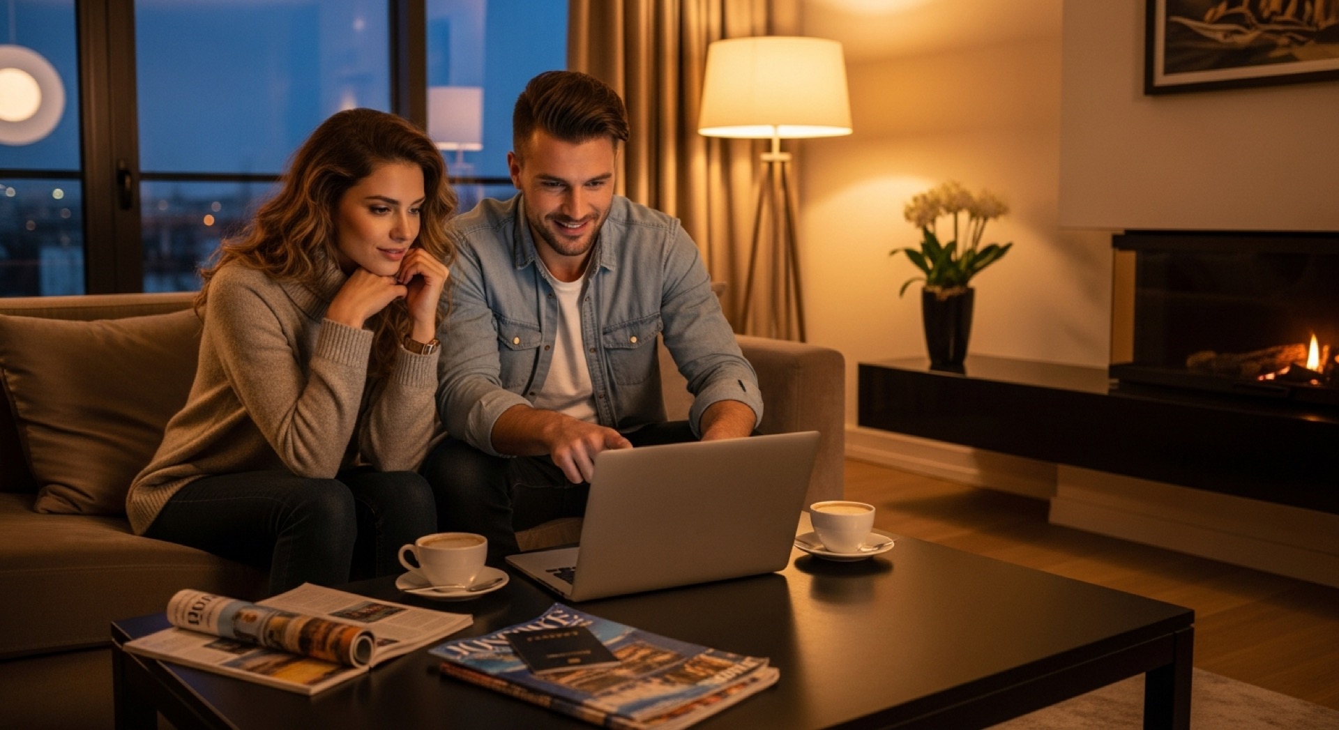 Couple planning a trip with a map