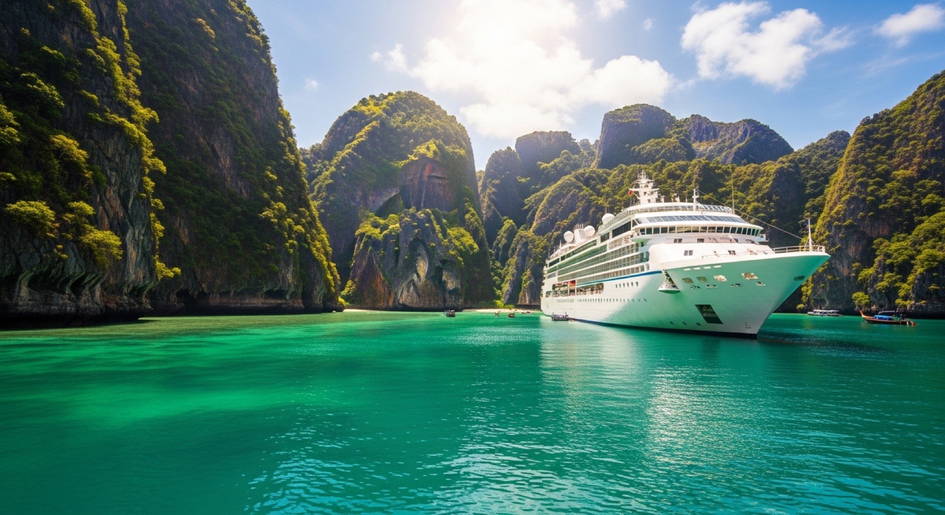 Traditional long-tail boats on a turquoise beach in Thailand