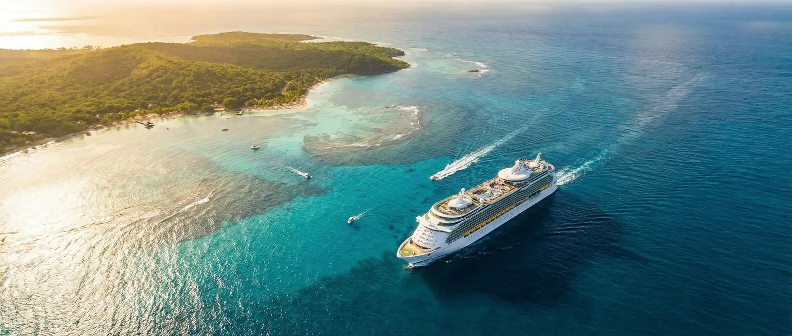 Aerial view of cruise ship in Caribbean waters