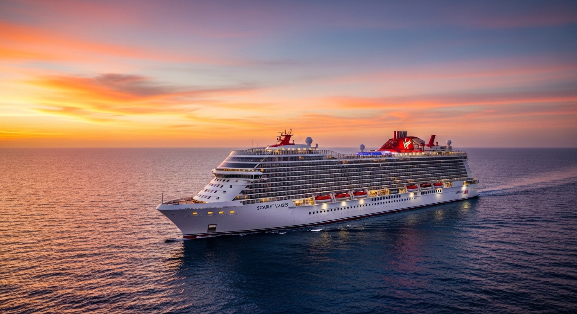 Sleek and modern Virgin Voyages cruise ship at sunset