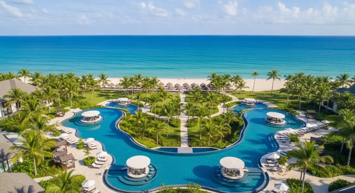 Adults-only tropical resort pool and palm trees